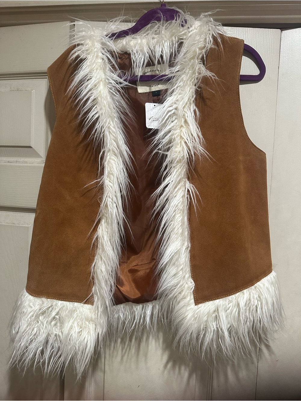 Free People Suede Faux-Fur Trim Vest in Brown and White